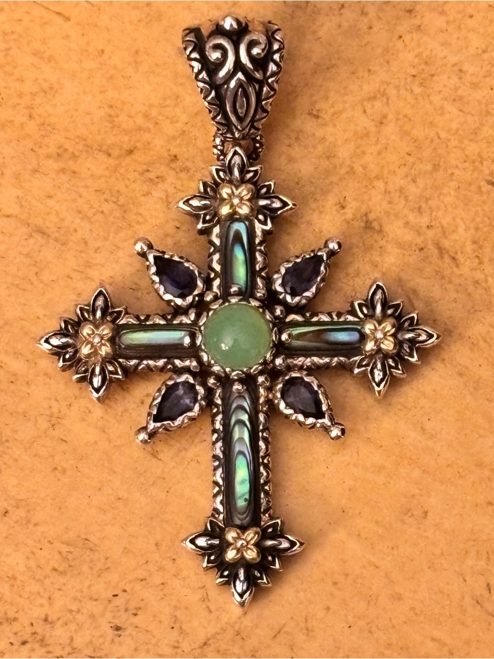 Barbara Bixby Iolite, Abalone & Chrysoprase 18k and Sterling Cross Pendant